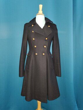 Tahari Military Peacoat A-Line Double-Breasted Black 60% Wool Blend Coat - S